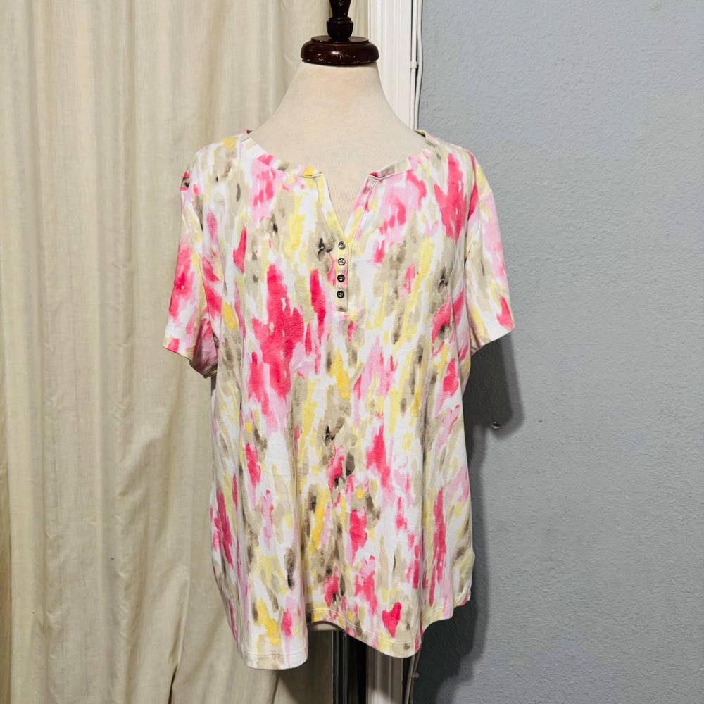 Karen Scott Women's XXL Multicolor Abstract Print Short Sleeve V-Neck Henley Top